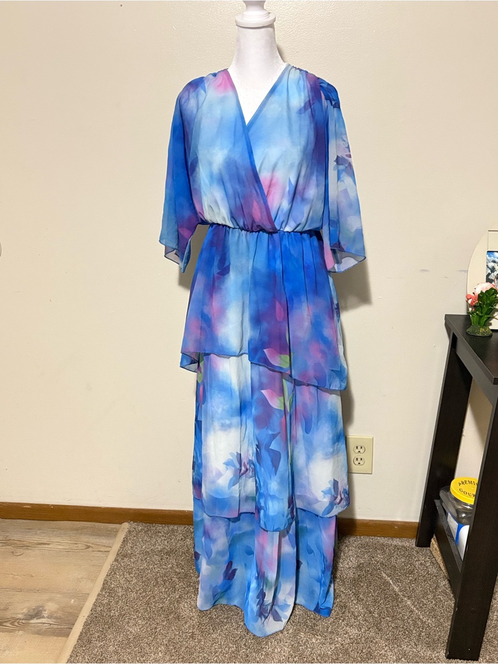 Blue Floral Tiered Chiffon Maxi Dress